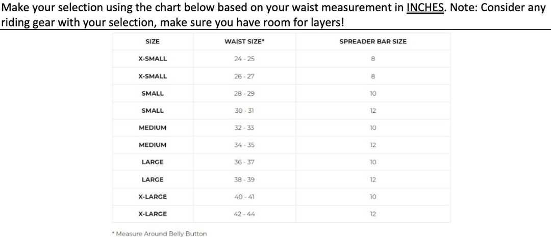 Bowhead RX - Spreader Bar Size Chart