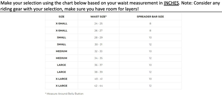 Bowhead RX - Spreader Bar Size Chart