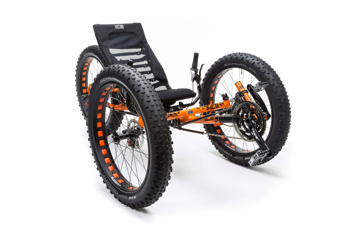 ICE Recumbent off-road trike for adaptive wheelchair user.