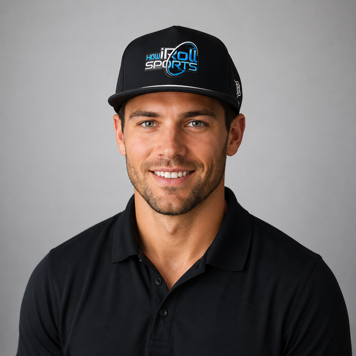 Man wearing a black cap with 'Howroll Sports' logo on a gray background