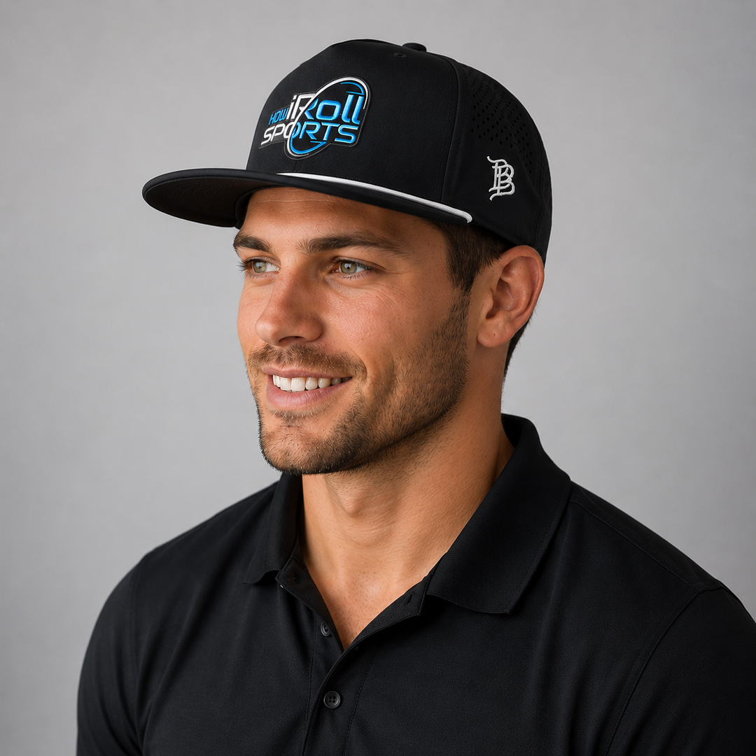 Man wearing a black cap with How iRoll logo side profile.