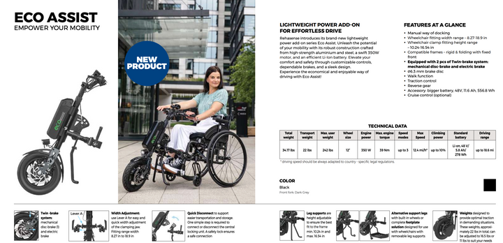 REHASENSE ECO TRAVEL BX 8" Wheelchair Power Assist, Black
