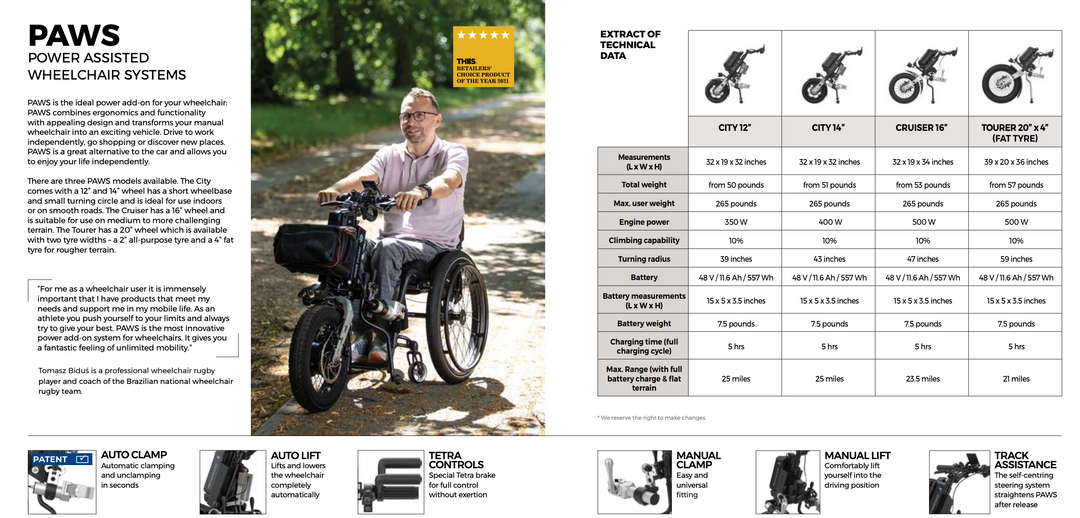 REHASENSE PAWS TOURER 20" Wheelchair Power Assist, Manual Clamp & Lift