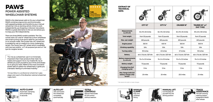 REHASENSE PAWS TOURER 20" Wheelchair Power Assist, Manual Clamp & Lift